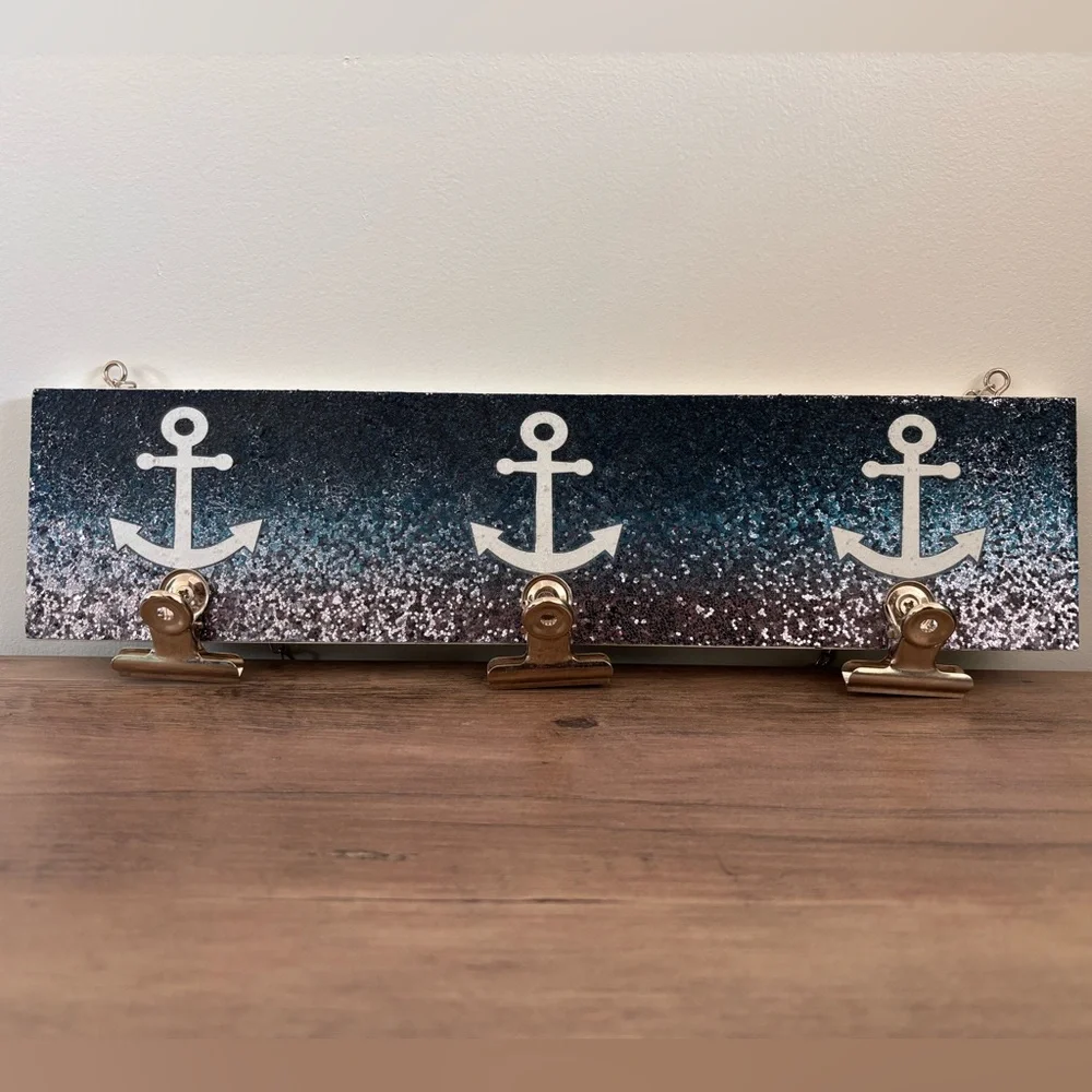 Nautical Anchor Wall Decor with Clips - Glittery Blue and White